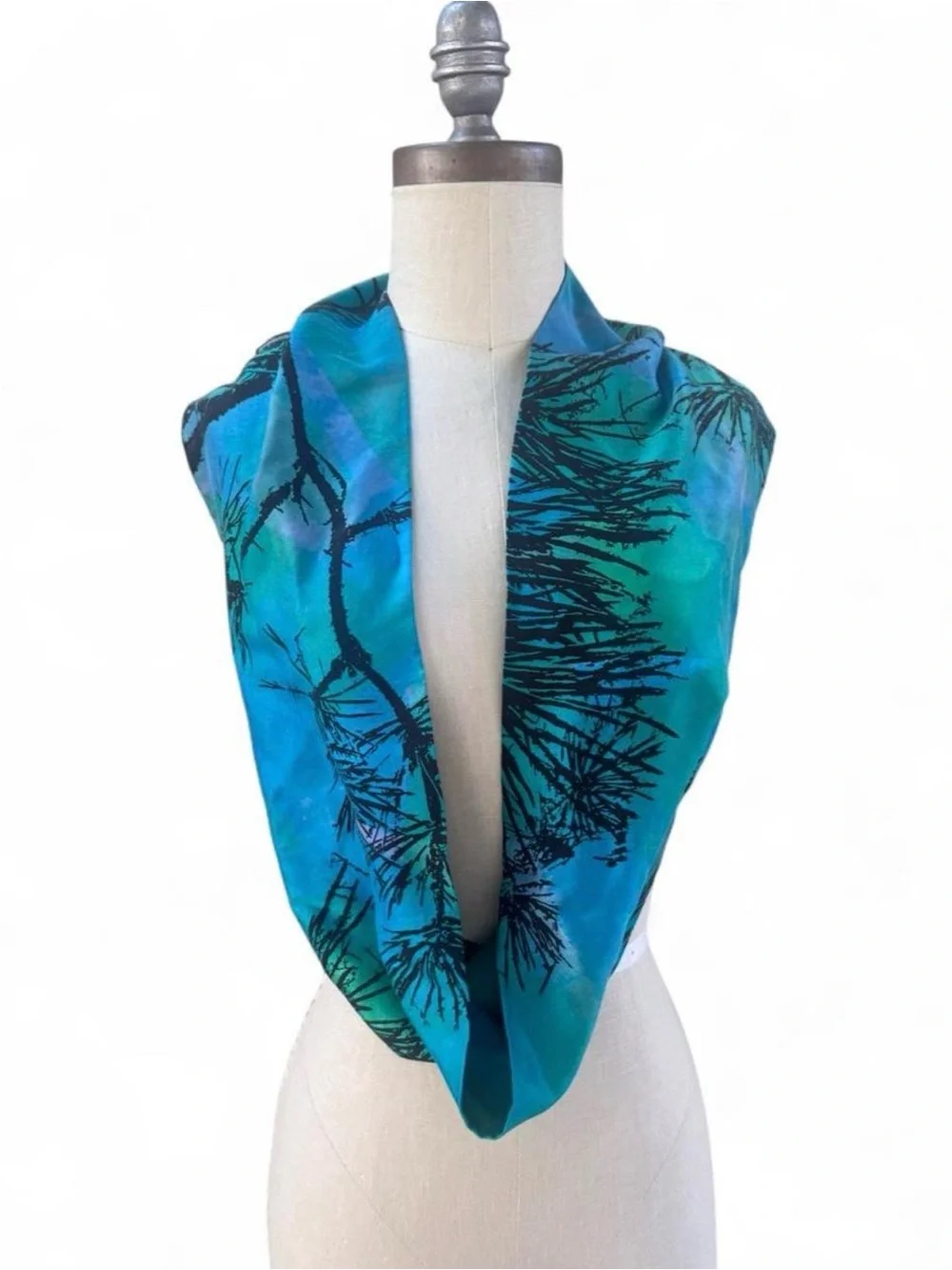 Bente Hammer DK silk infinity scarf teal blue green black abstract tree print os